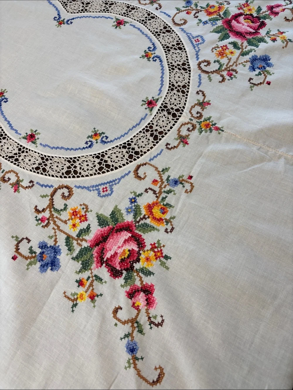 Vintage Large Embroidered & Crochet Floral Tablecloth White, Pink & Multicolor